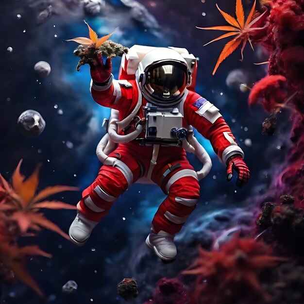 Photo astronaut in black and red suit floating in space ai