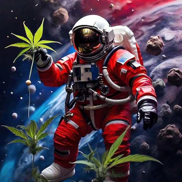검은색과 빨간색 의상을 입은 우주 비행사가 우주에서 떠다니고 있습니다.