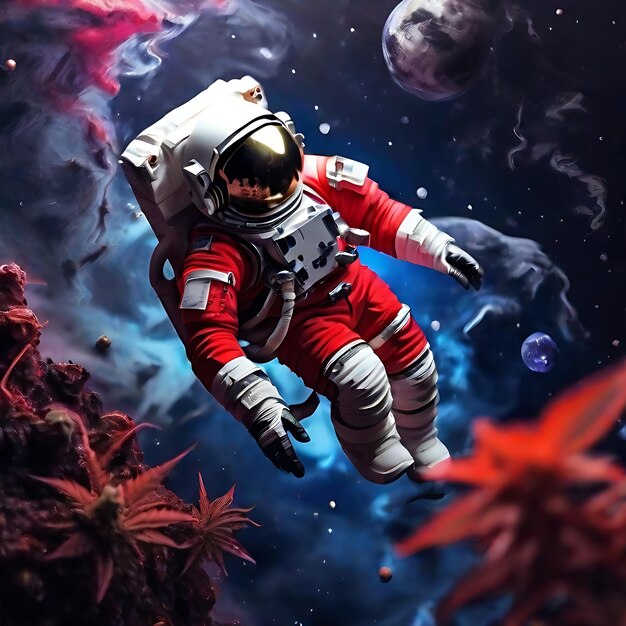 Photo astronaut in black and red suit floating in space ai