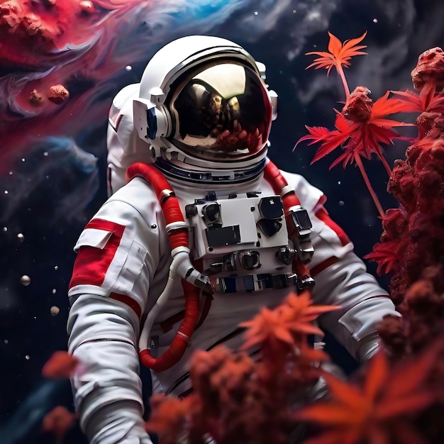 astronaut in black and red suit floating in space AI