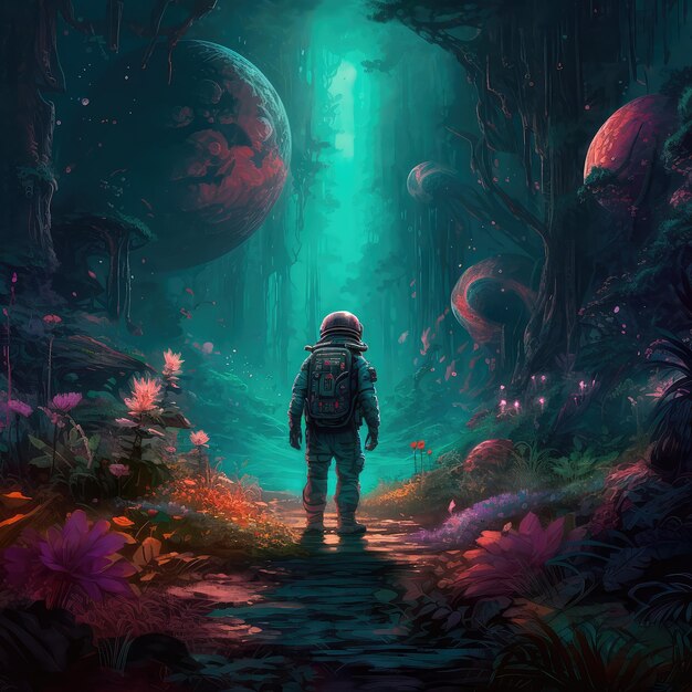 Astronaut carefully goes to an unknown planet where the primeval forest is filled with bright and colorful flora He thoroughly explores every corner not missing a single detail Generative AI