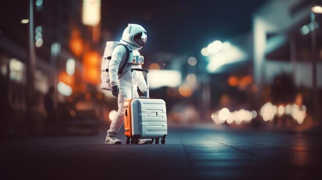 写真 宇宙飛行士が白いスーツケースを背負って街の夜に都市探検テーマを生み出すai