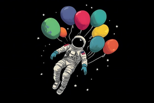 Astronaut cartoon floating with balloon planet in space background neural network ai generated