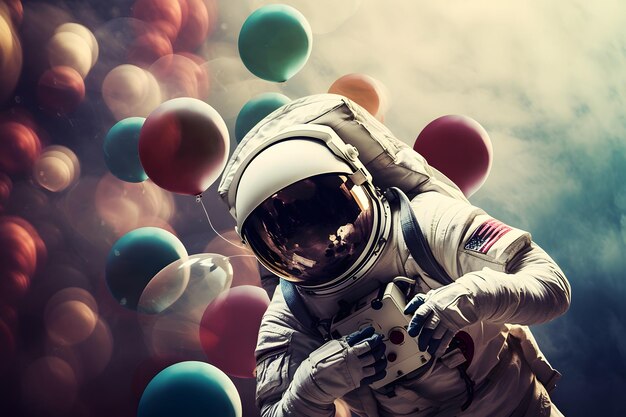 astronaut cartoon floating with balloon planet in space background neural network ai generated