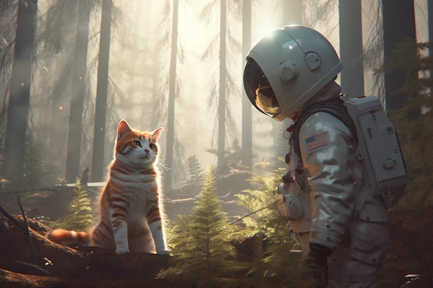 暗い森の背景にある宇宙飛行士と猫