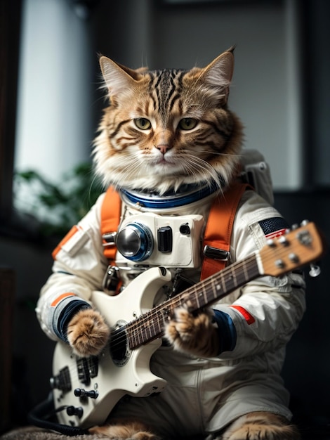 Astronaut Cat Playing the guitar