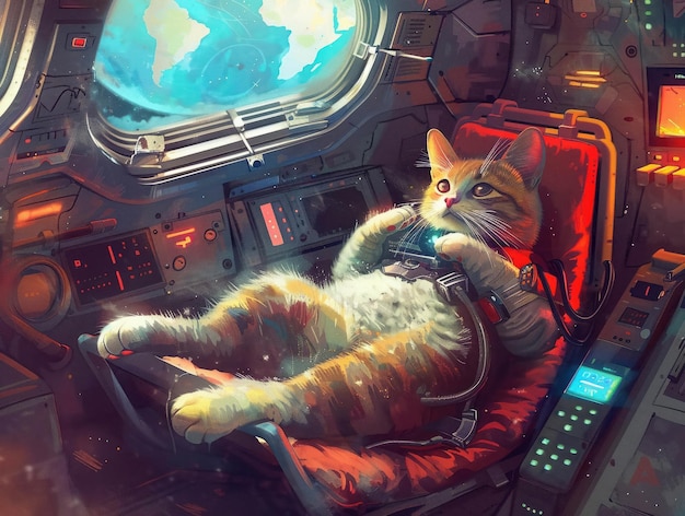宇宙船のキャビンに浮かぶ猫が宇宙ネズミを追いかける詳細な絵
