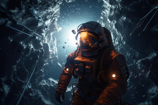 An astronaut in a cave with the sun shining on his face