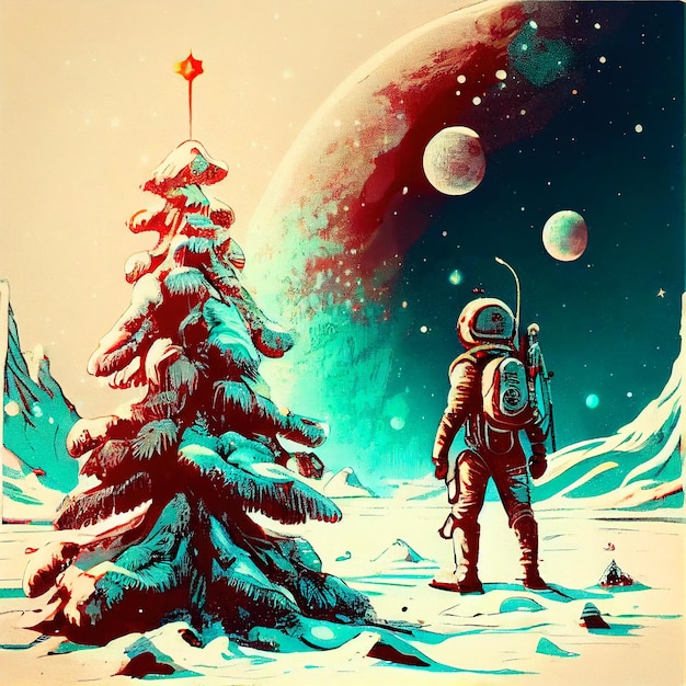 우주 비행사는 외계 행성 A에서 크리스마스를 축하합니다.