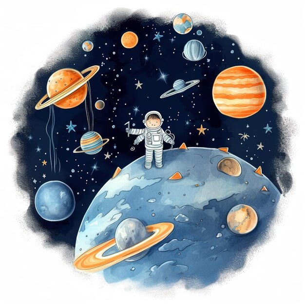 astronaut child in colorful space illustration