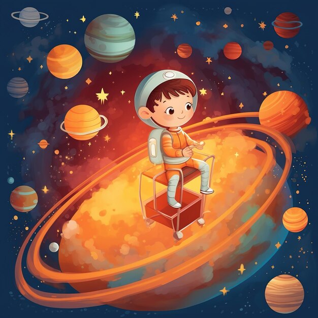 Photo astronaut child in colorful space illustration