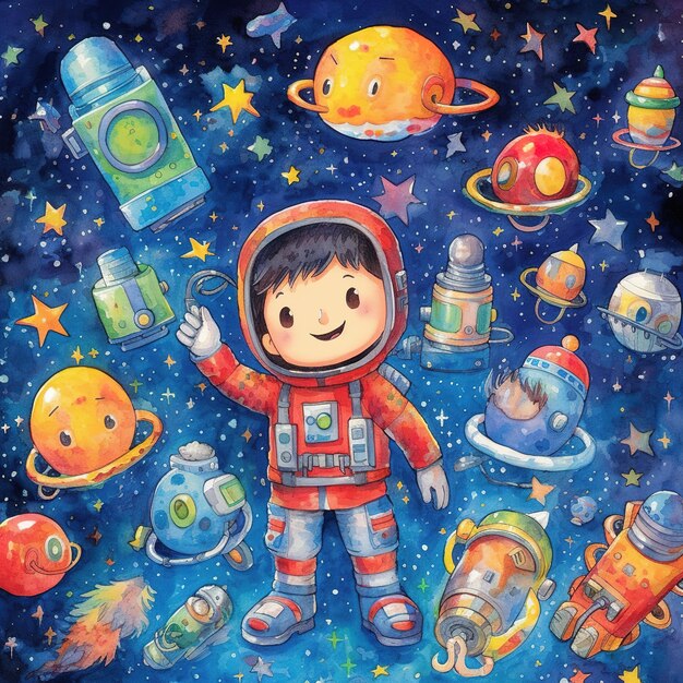 Astronaut child in colorful space illustration