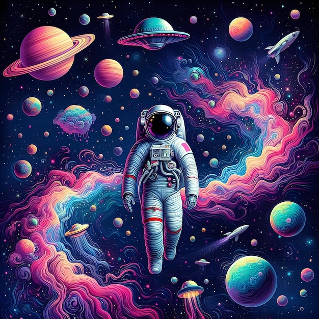 An astronaut clad in a space suit with reflective helmet floats amidst a whimsical cosmos