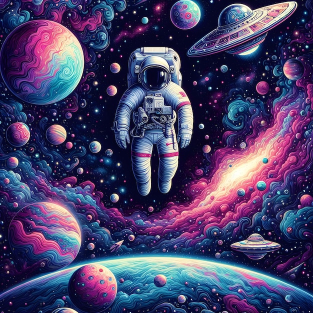 An astronaut clad in a space suit with reflective helmet floats amidst a whimsical cosmos