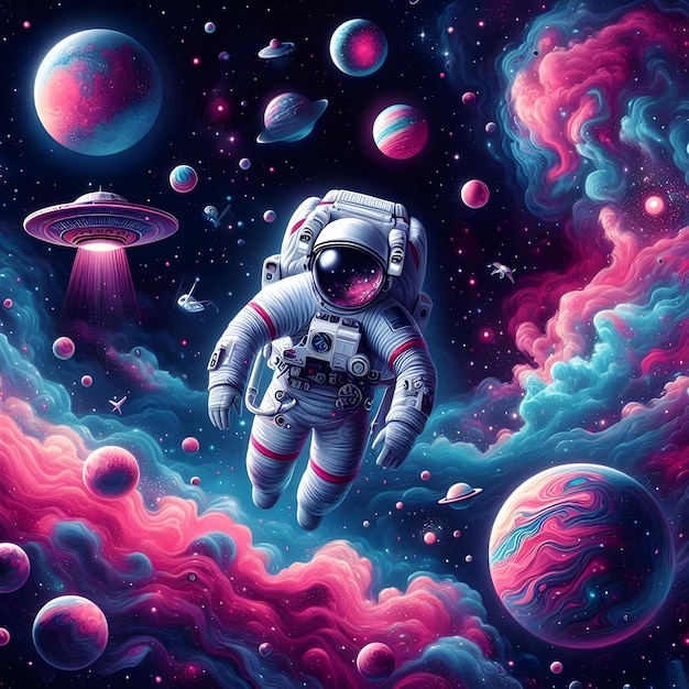 An astronaut clad in a space suit with reflective helmet floats amidst a whimsical cosmos