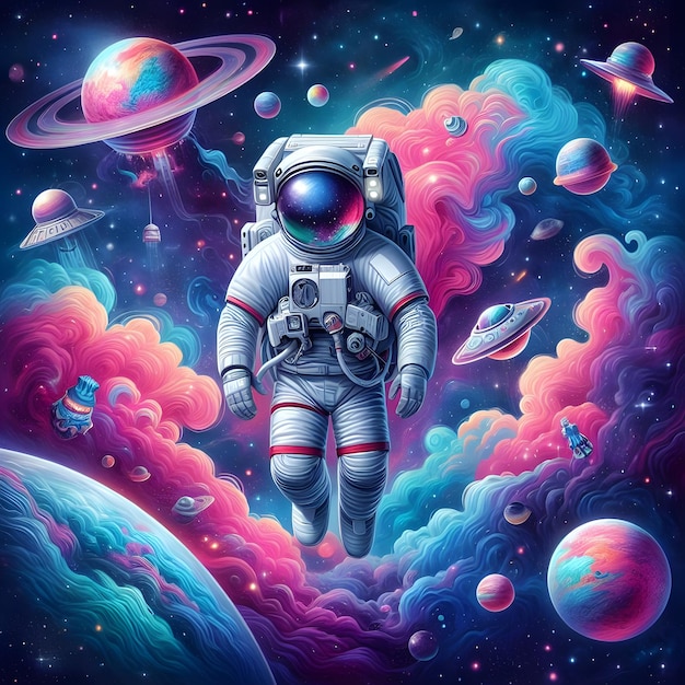 An astronaut clad in a space suit with reflective helmet floats amidst a whimsical cosmos