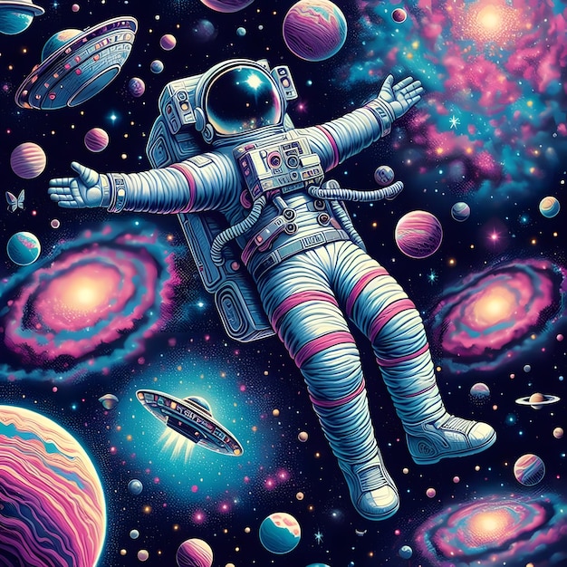 An astronaut clad in a space suit with reflective helmet floats amidst a whimsical cosmos