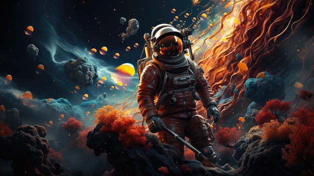 Astronaut in in a colorful bubbles galaxy on a different planet