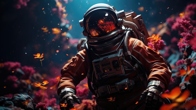 Astronaut in in a colorful bubbles galaxy on a different planet