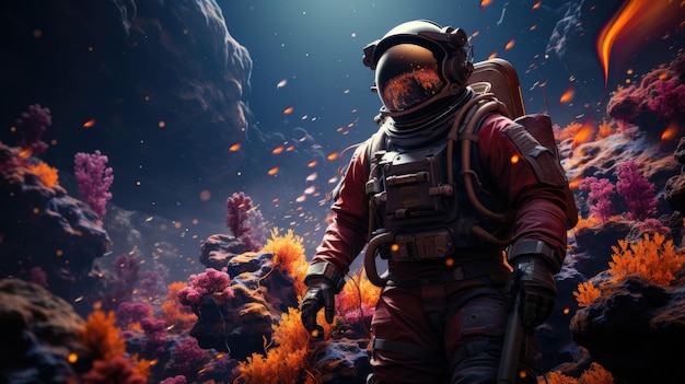 Astronaut in in a colorful bubbles galaxy on a different planet