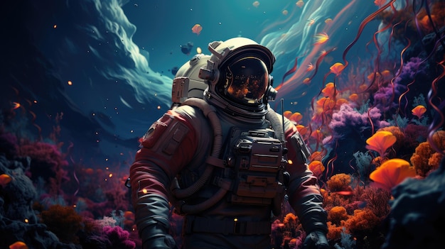 Astronaut in in a colorful bubbles galaxy on a different planet