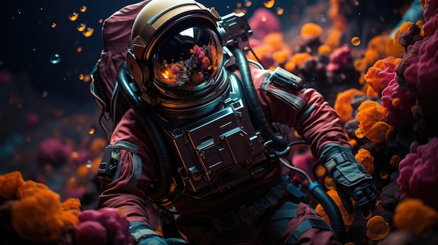 Астронавт в красочной галактике пузырей на другой планете