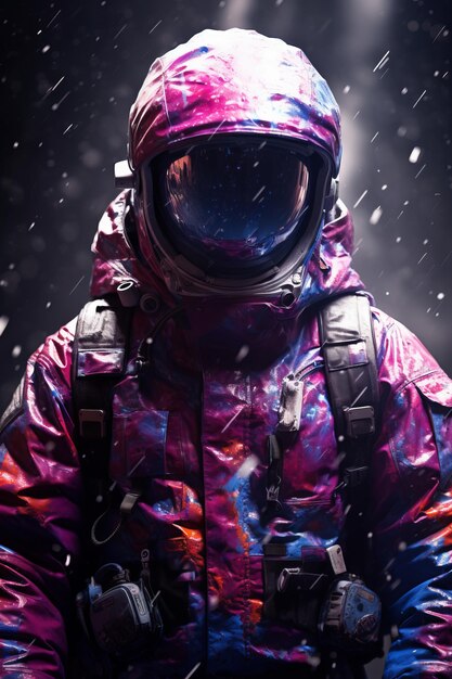 Photo an astronaut in a colorful spacesuit stands in the middle of a snowy forest