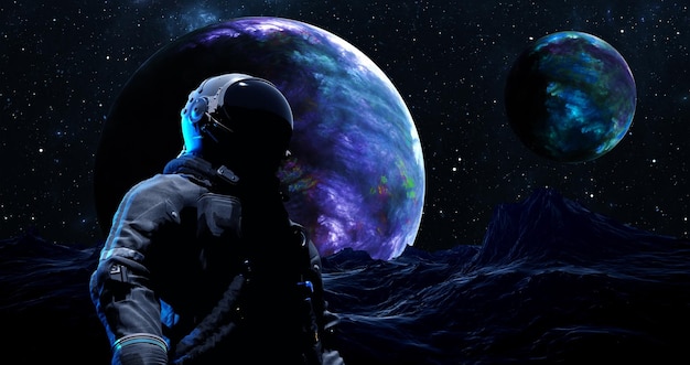 Astronaut cosmonaut discovery of new worlds of galaxies panorama fantasy portal to far universe Astronaut space exploration gateway to another universe 3d render