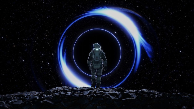 Астронавт Космонавт Открытие новых миров галактик Панорама Фантазия Портал в далекую вселенную Астронаут Космическое исследование Врата в другую вселенную 3D рендеринг