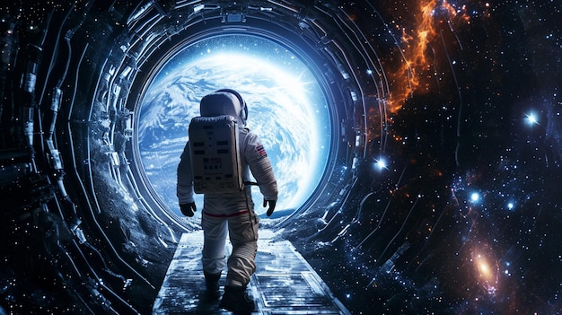 Astronaut cosmonaut discovery of new worlds of galaxies panorama fantasy portal Generative Ai