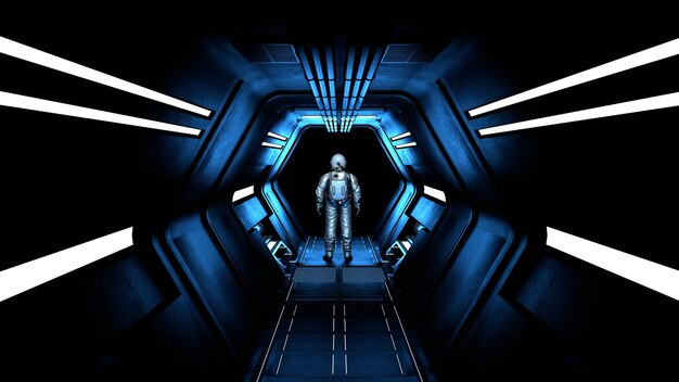 Astronaut cosmonaut goes into outer space along the corridor Space exploration flights to distant stars and galaxies Man in a spacesuit stands in the tunnel of the space station 3d render