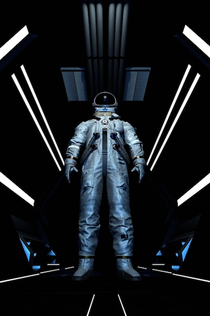 사진 우주 비행사 우주 비행사는 회랑을 따라 우주 공간으로 나갑니다 먼 별과 은하로의 우주 탐사 비행 우주복을 입은 남자는 우주 정거장 3d 렌더링의 터널에 서 있습니다