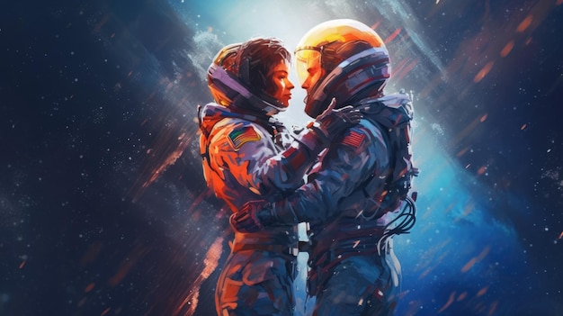 Photo astronaut couple holding each other's hands on space sky background imagination of love passion fantasy generative ai image weber