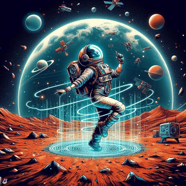 Photo an astronaut dance party on the surface of mars digital illustration