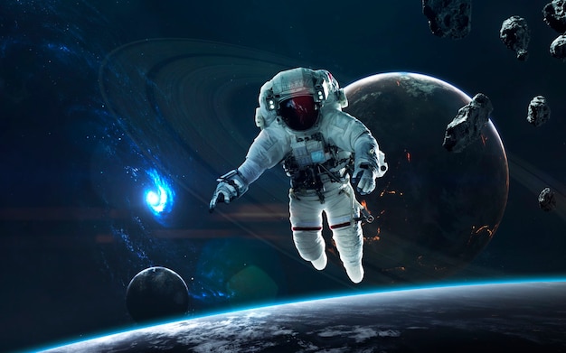 Astronaut in deep space, beauty of endless cosmos. Science fiction wallpaper. Elements of this image furnished by NASA