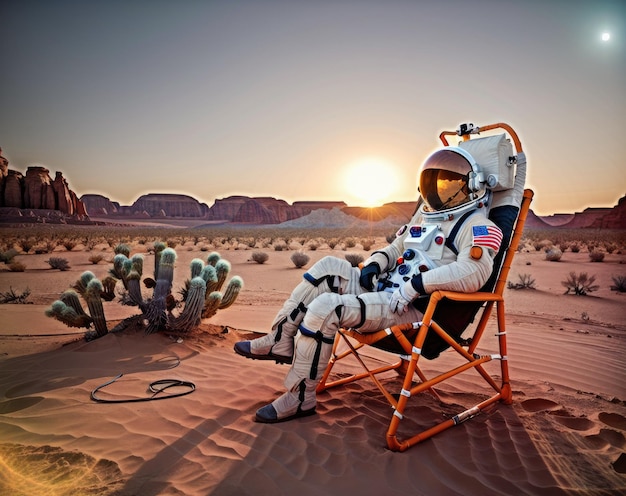 사막 여행 및 휴가 개념의 우주 비행사