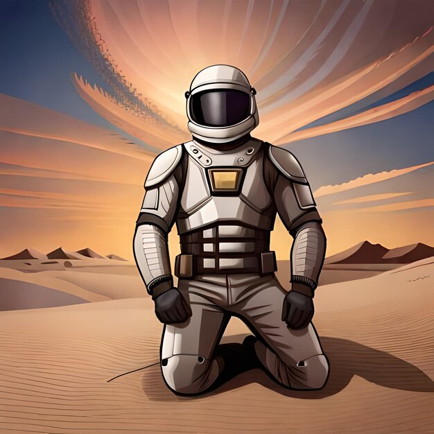 Foto un astronauta in un deserto con il numero 2 sul casco.