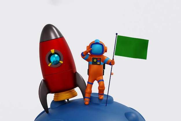 Astronaut die groene vlag op de maan houdt met raketshuttle ruimte avontuur ontdekking 3D render