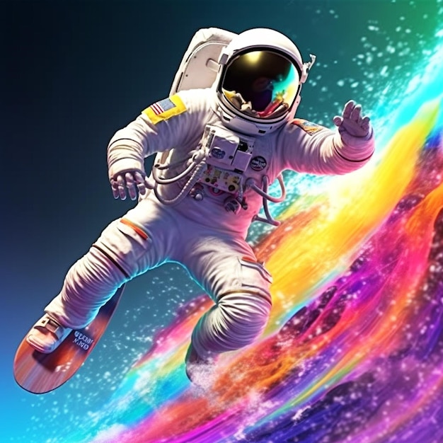 Astronaut die op de regenboog op de ruimteachtergrond surft