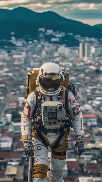 Astronaut die op de top van een berg staat en naar de stad kijkt