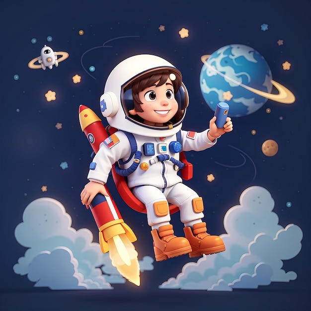 astronaut die op een raket in de ruimte rijdt met een zwaaiende hand cartoon vector icon illustratie science tech