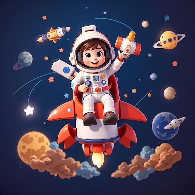 astronaut die op een raket in de ruimte rijdt met een zwaaiende hand cartoon vector icon illustratie science tech