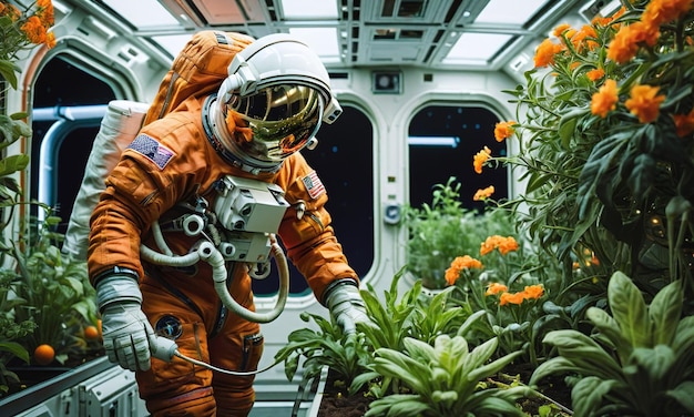 Foto astronaut die zich bezighoudt met een tuin aan boord van een ruimtestation die leven in de ruimte cultiveert