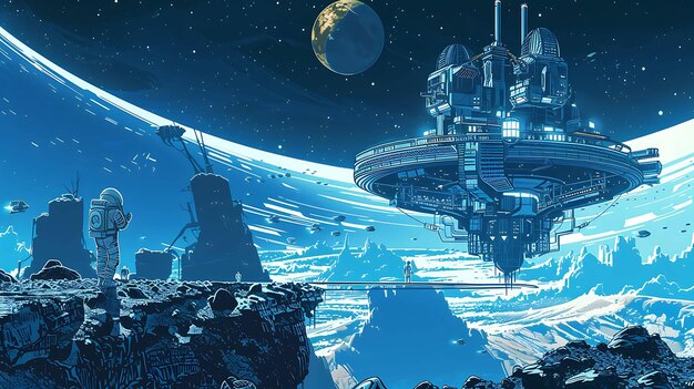 Astronaut on a distant planet looking at a futuristic city