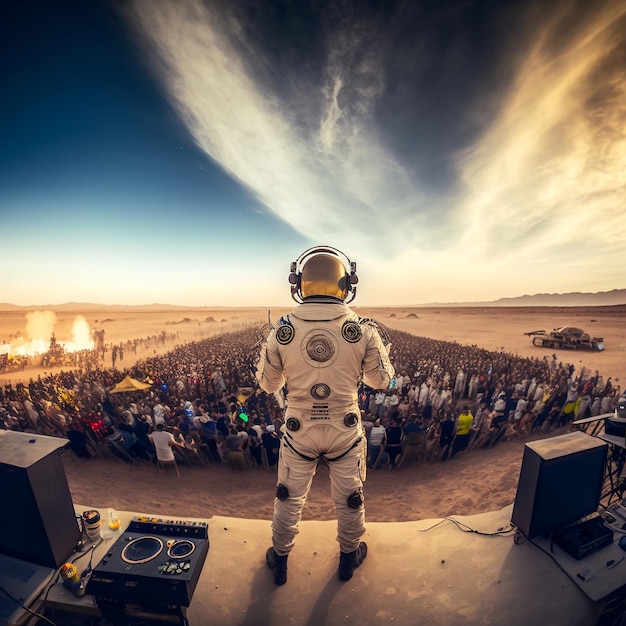 Астронавт-ди-джей для миллионной толпы на рассвете в пустыне с потрясающими визуальными эффектами AI