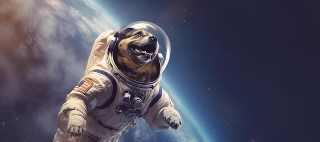 Astronaut dog in space Banner copy space