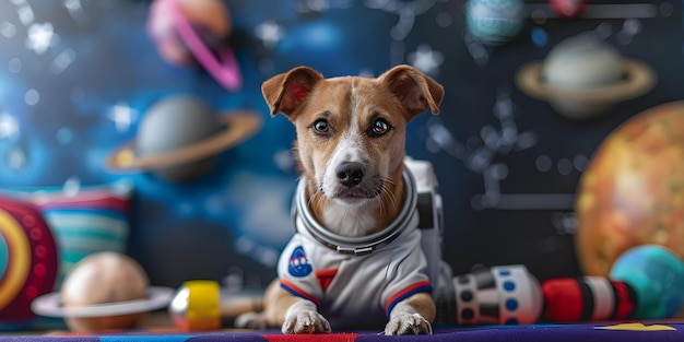 Photo an astronaut dog with spacethemed props in the background concept spacethemed photoshoot pet photography astronaut dog colorful background