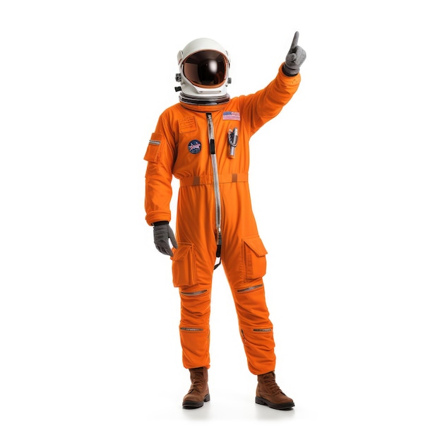 Astronaut draagt een oranje ruimtepak en linkerhand wijzende vinger omhoog Spaceman geÃ¯soleerd op een witte achtergrond