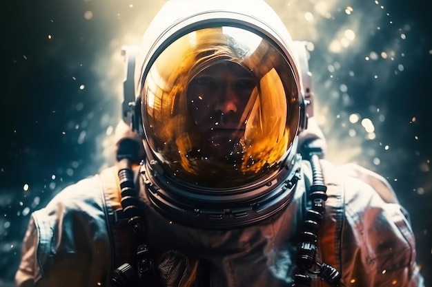 영화 몬태지 스타일의 밝은 빛으로 회색 의상을 입은 우주 비행사 생성 AI