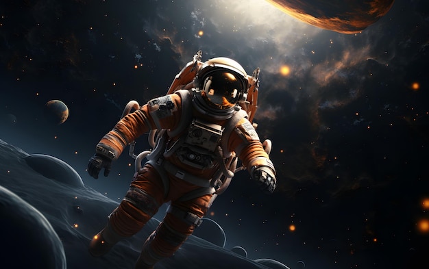 Astronaut drijft boven de maan 3D-illustratie